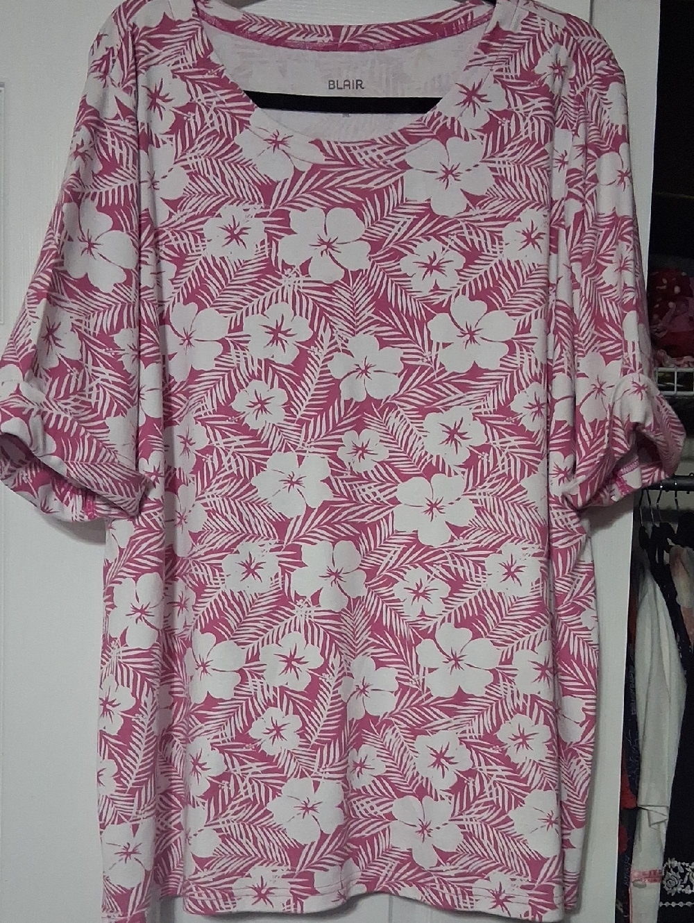 Blair Pink & White Floral Roll-Sleeve Tunic Top Sz 2X $19